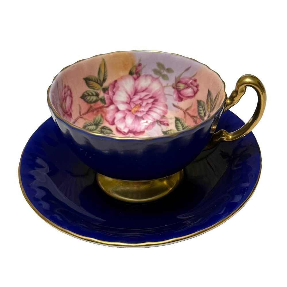 Vintage Aynsley Cobalt Blue Pink Cabbage Rose Teacup Saucer Gold Bone China
